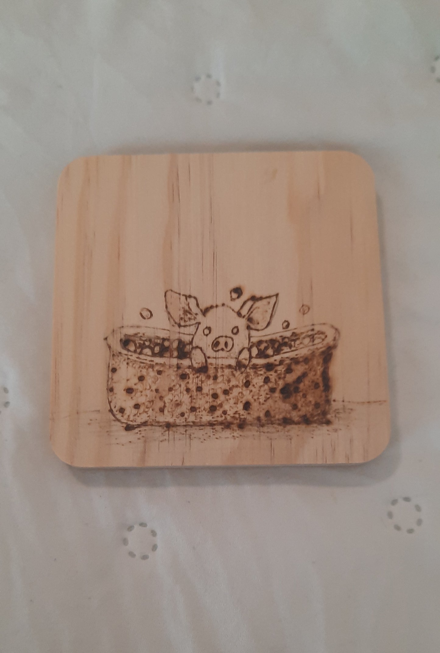 Whimsical Piglet Burned Wood Coasters – Set of 4