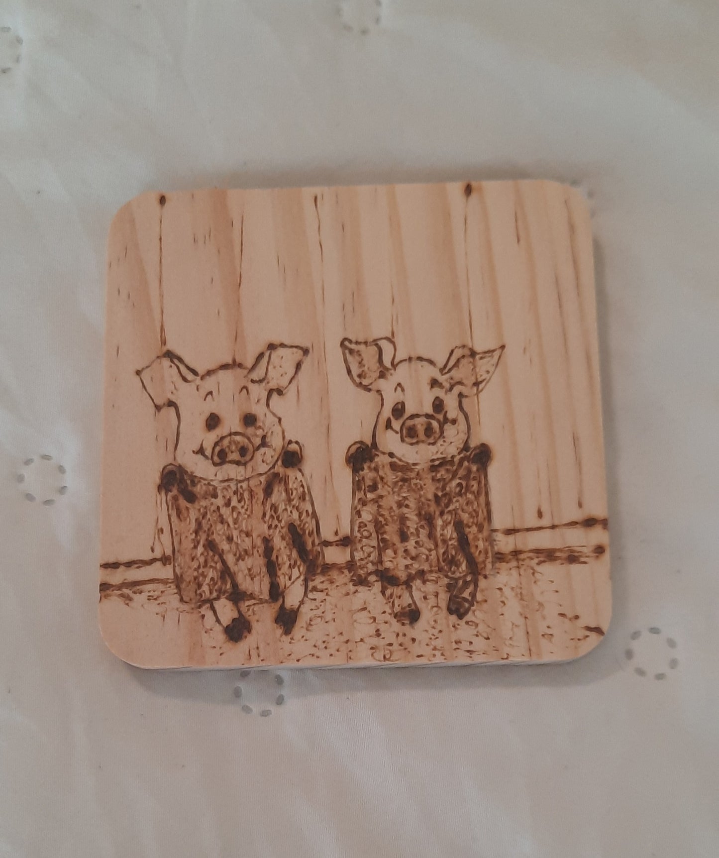 Whimsical Piglet Burned Wood Coasters – Set of 4