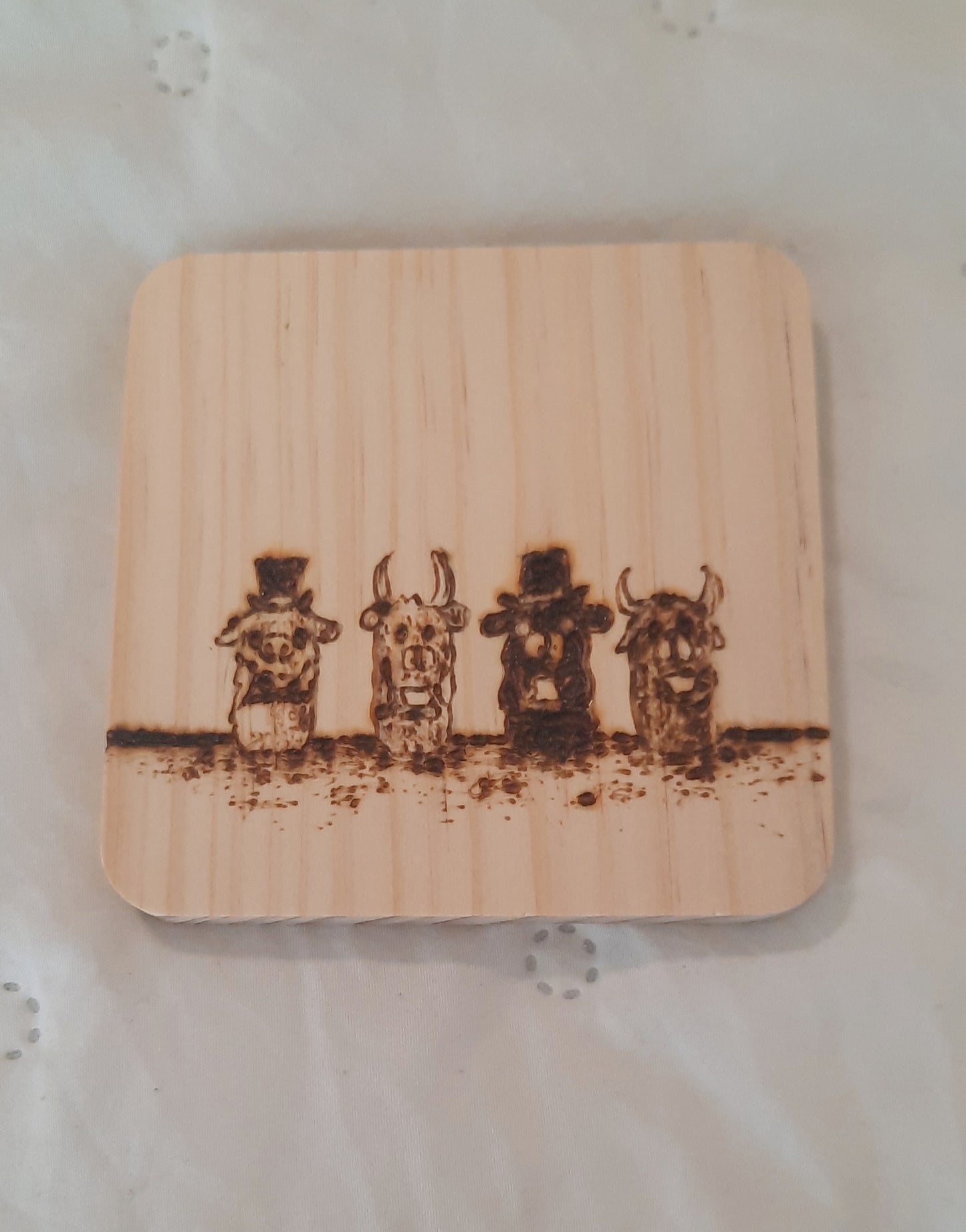 Whimsical Piglet Burned Wood Coasters – Set of 4