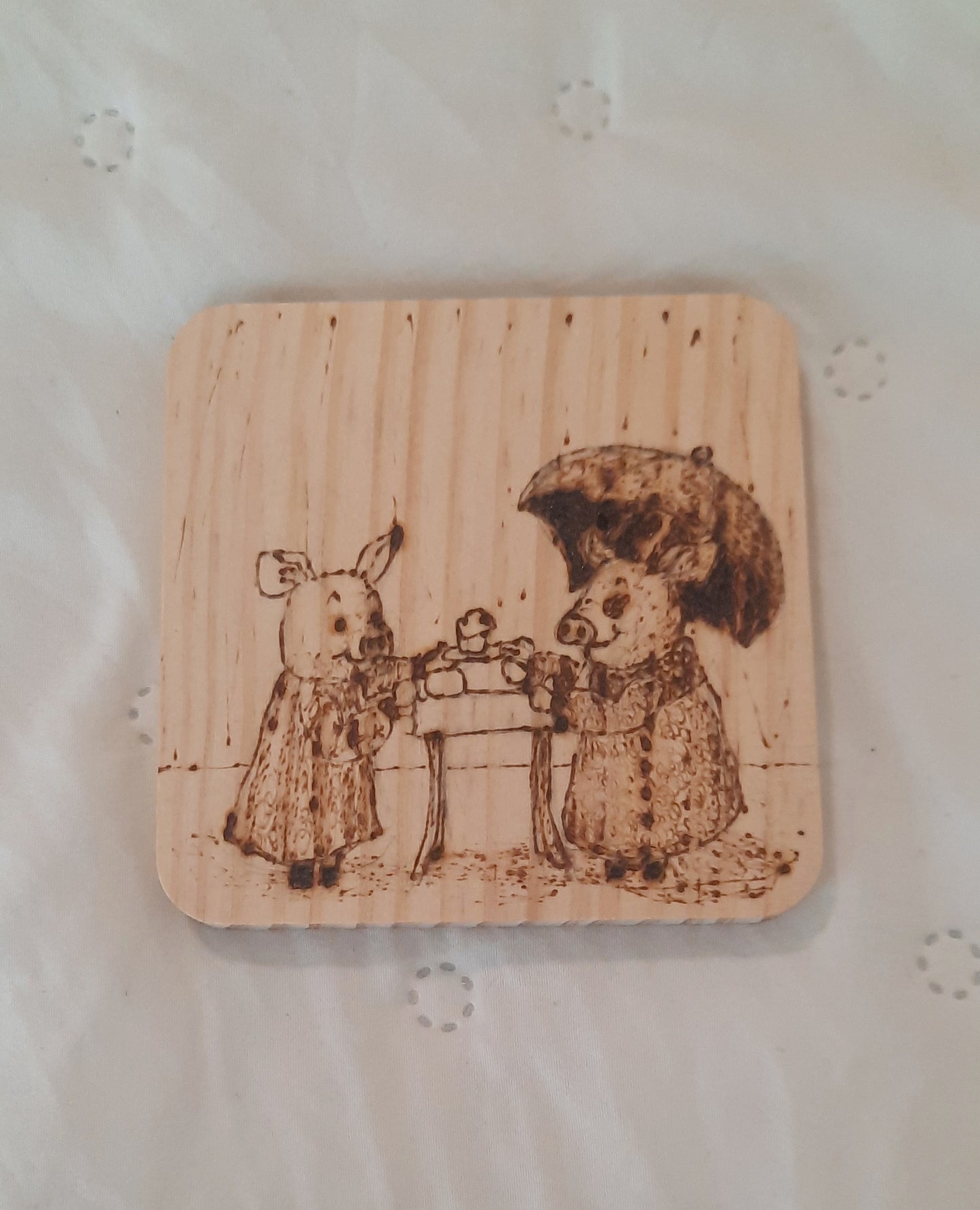 Whimsical Piglet Burned Wood Coasters – Set of 4